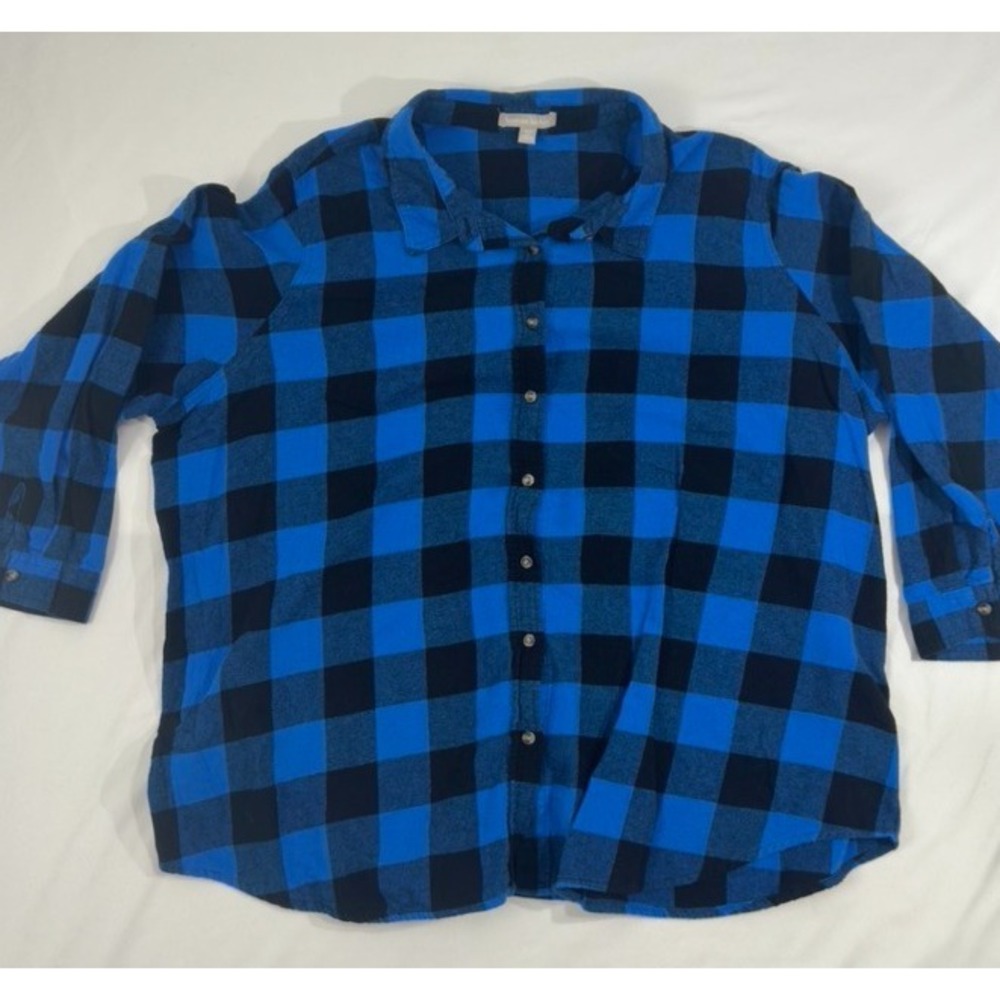 Woman Within Button Down Shirt Womens 2X Blue Buffalo Plaid Flannel Long Sleeve